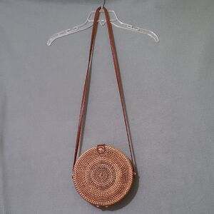 Brown‎ Round Lined Ratton Woven Wicker Boho Circle Crossbody Bag Purse